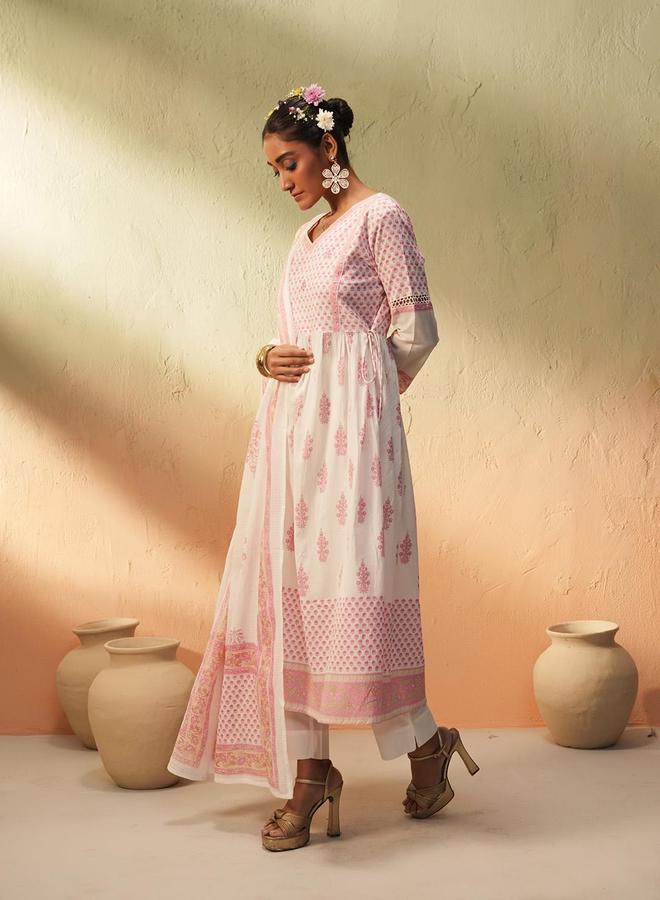 ISHIN Women's White 100% Cotton Printed Tunic Top With Ankle Palazzo Flared 3 Peice Kurta Set - Image 3