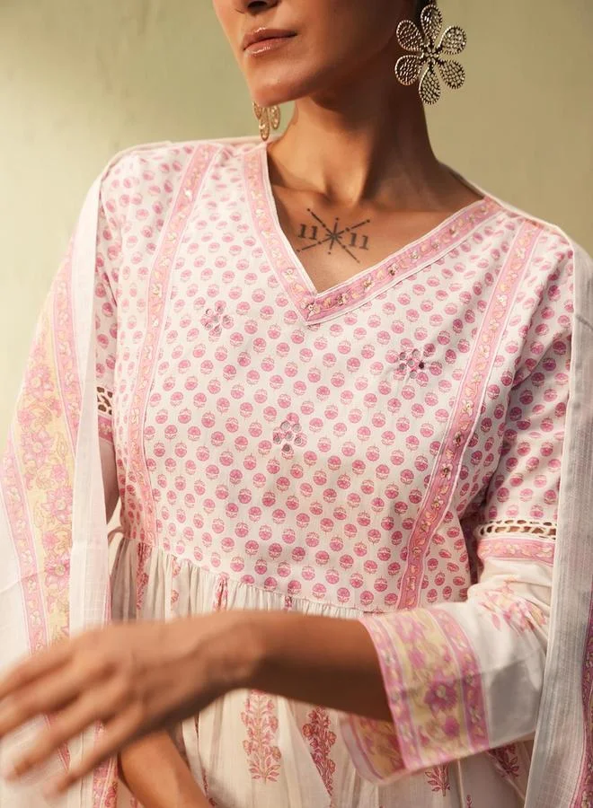 ISHIN Women's White 100% Cotton Printed Tunic Top With Ankle Palazzo Flared 3 Peice Kurta Set
