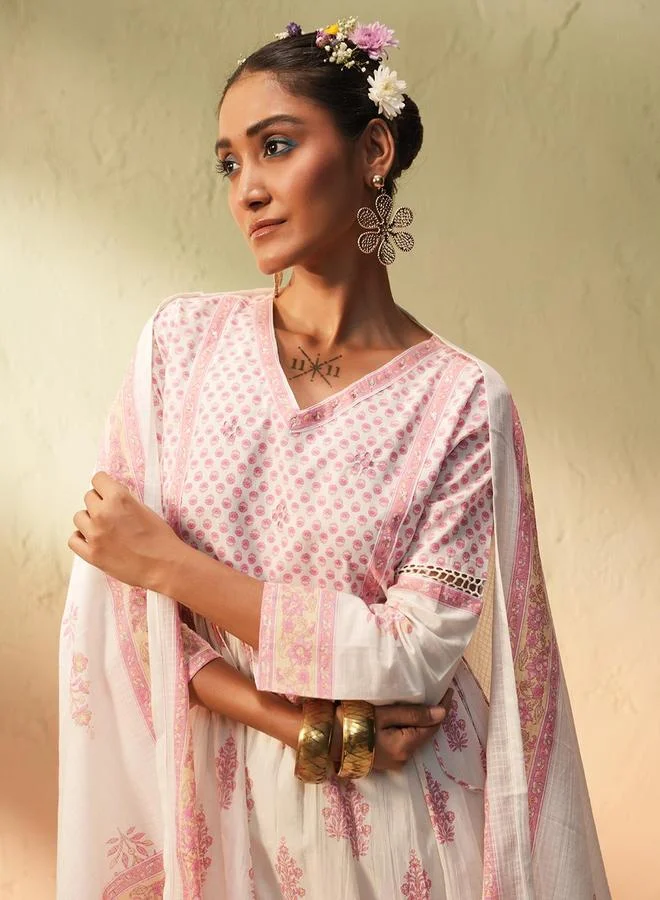 ISHIN Women's White 100% Cotton Printed Tunic Top With Ankle Palazzo Flared 3 Peice Kurta Set