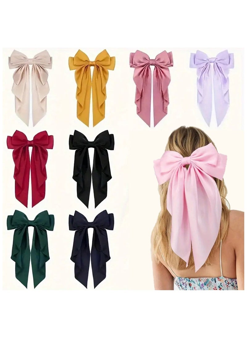 Sky Shine 6 Pcs Multicolor Big Bow Hair Clips for Women & Girls – Satin Silky Long Tail Bow Barrettes, French Hair Clips & Metal Hair Clamps, Elegant Bowknot Hair Accessories for Weddings, Birthdays, Parties, School & Daily Hairstyles - Image 1