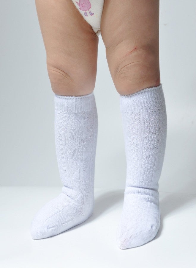 EPEIUS Baby Socks Seamless Cable Knit Knee High Socks Infant Cotton Stockings Long Sock for 6-12 Months,3 Pair Pack,White - Image 2