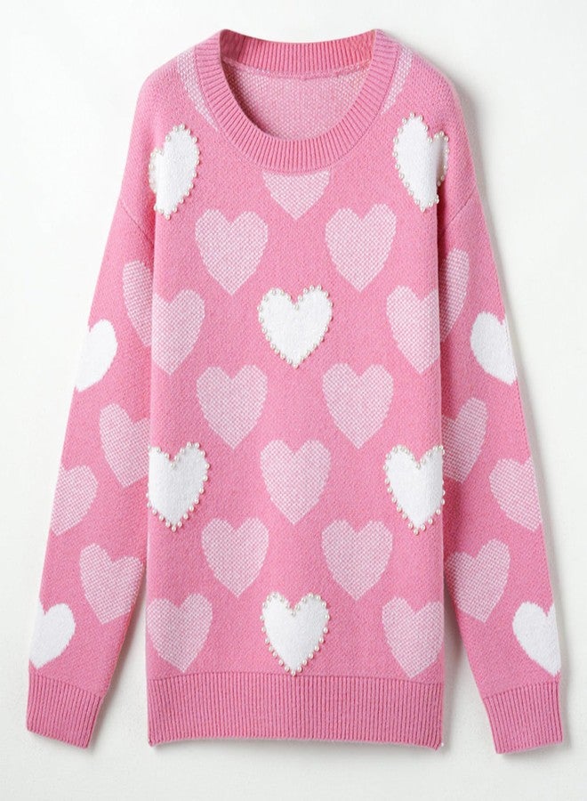 Kutterild Mommy and Me Sweater Heart Crewneck Knit Sweatshirt Pullover Tops Mother Daughter Matching Outfits(Little Girl,7-8 Years,Rose Pink) - Image 3