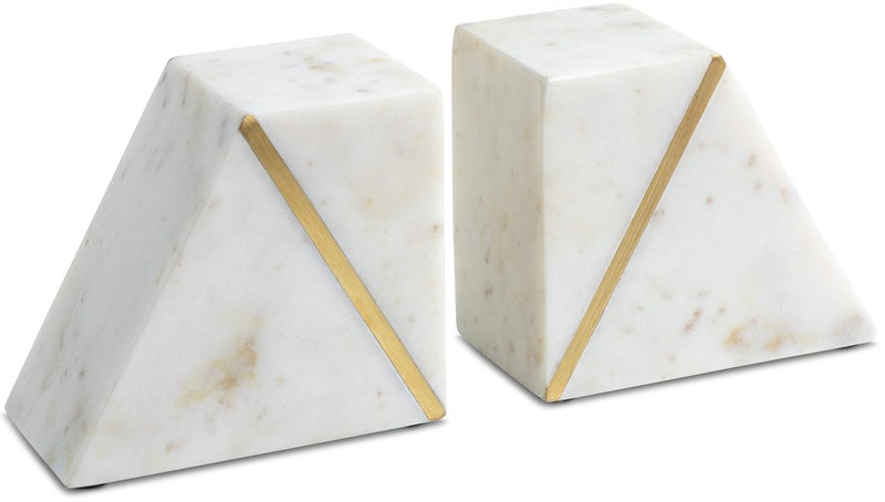 Cork  Mill Marble Book Ends for Shelves Decorative Bookends for Heavy Books Unique Mid Century Modern White and Gold Bookends with Brass Inlay Heavy Duty Bookshelf Stopper Set of 2