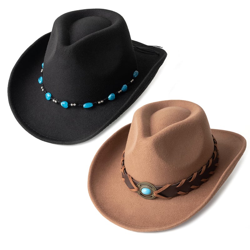 Gossifan Western Cowboy & Cowgirl Hat Felt Wide Brim Women Men Fedora Hats - Image 1