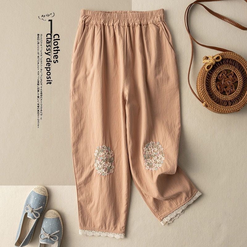 Bohemian Cotton Linen Cropped Harem Pants j338 khaki 