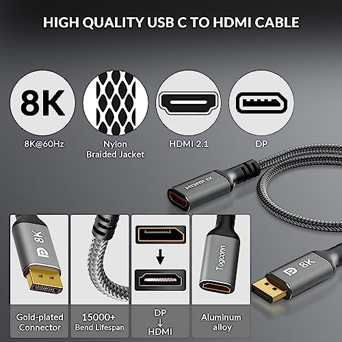 Togconn 8K DisplayPort to HDMI Adapter, Uni-Directional DP 1.4 Male (Source) to HDMI 2.1 Female (Screen) Converter, DP Male to HDMI Connector 8K@60Hz, 4K@120Hz for PC, Dell, HP, NVIDIA, Laptop and More - Image 3