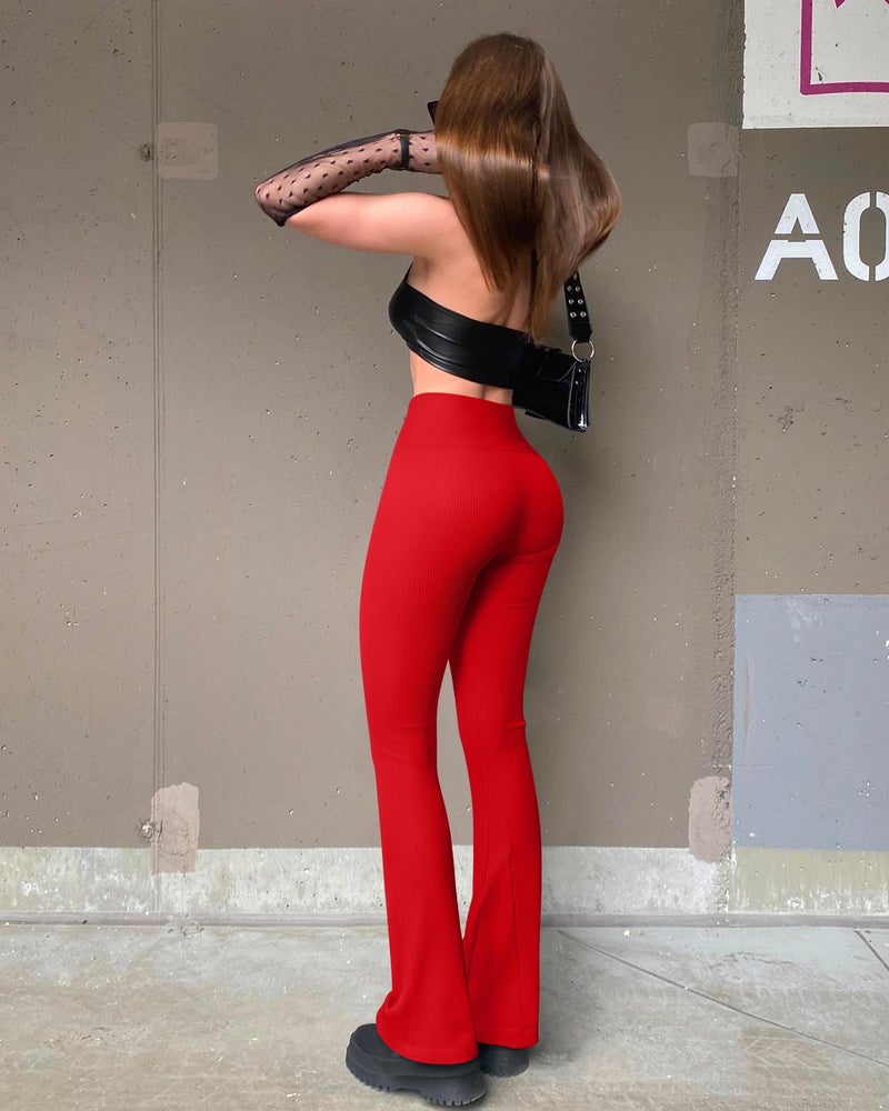 OQQ Women's 2 Piece Yoga Pants Ribbed Seamless Workout High Waist Bell Bottoms Flare Leggings Black Red - Image 4