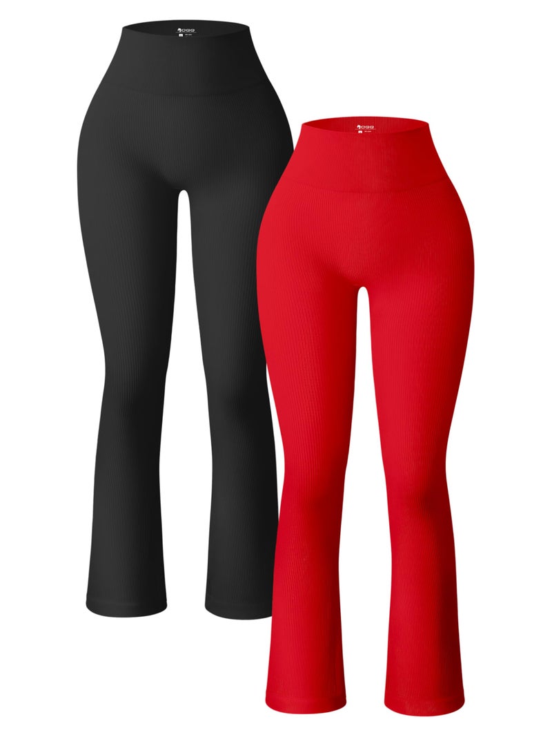OQQ Women's 2 Piece Yoga Pants Ribbed Seamless Workout High Waist Bell Bottoms Flare Leggings Black Red - Image 1