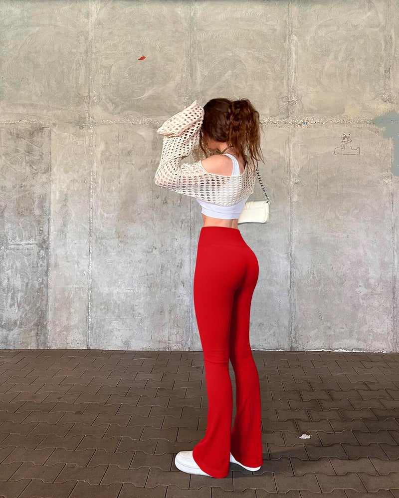 OQQ Women's 2 Piece Yoga Pants Ribbed Seamless Workout High Waist Bell Bottoms Flare Leggings Black Red - Image 2