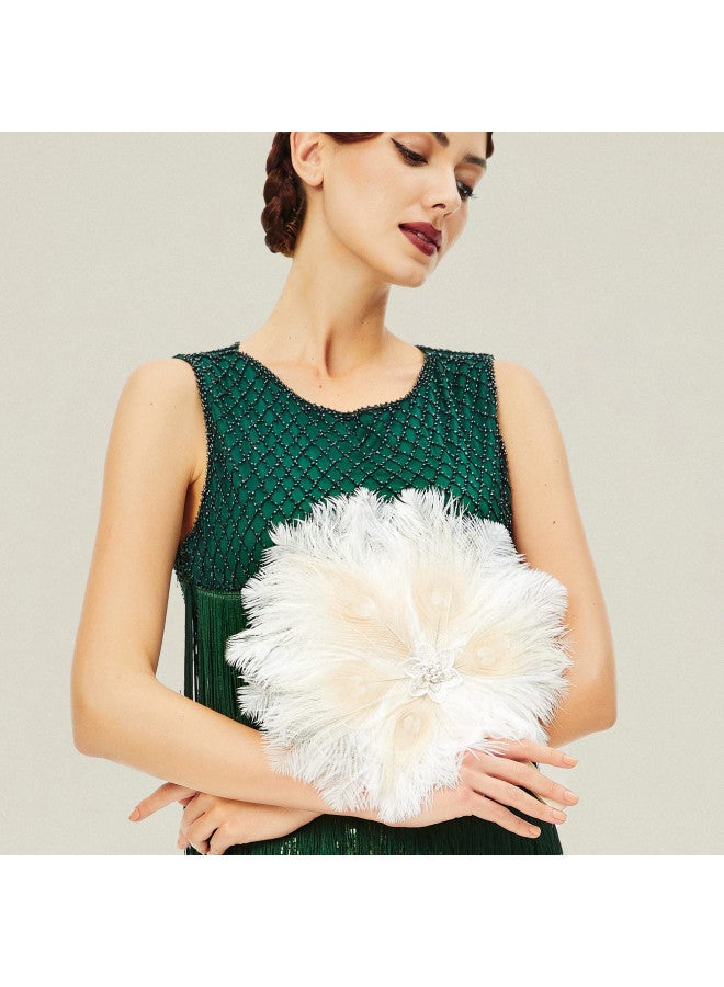 BABEYOND بايبيوند باقة زفاف عتيقة من الريش 1920s مروحة ريش النعام باقة وصيفات العروس كعكة غاتسبي 20s إكسسوارات فلابر (بيج) - Image 2