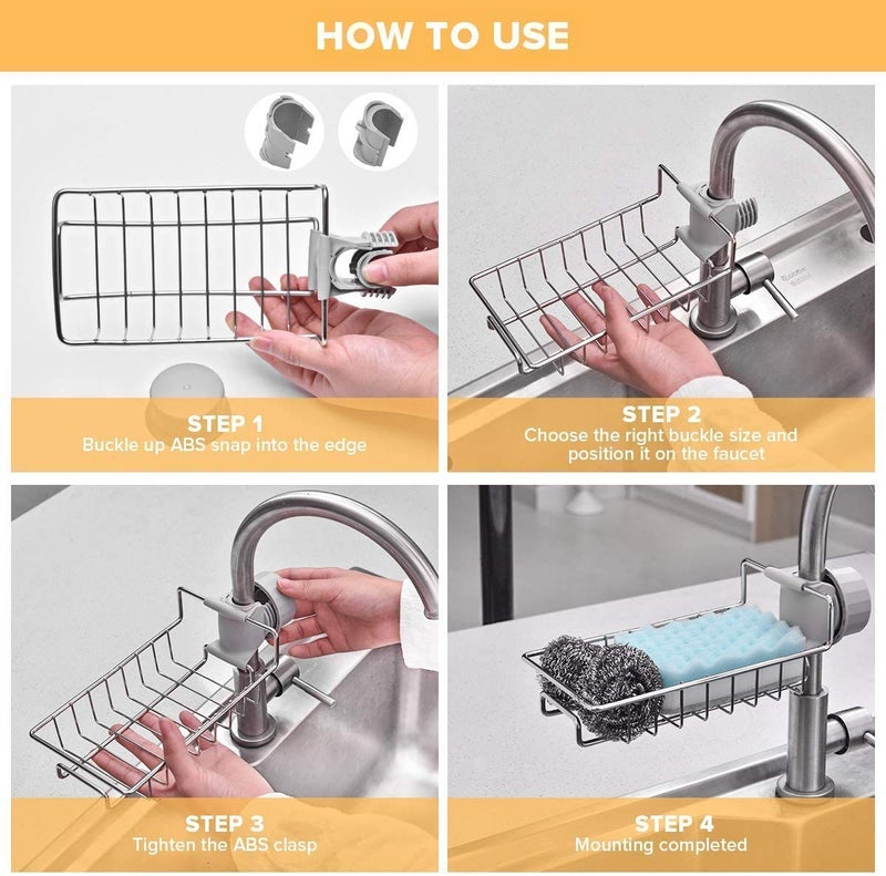 MobFest® Stainless Steel Adjusting Multifunctional Over Kitchen Sink Caddy Clamp Faucet Sponge Scrubber Holder Storage Hanging Shelf Draining Bathroom Tap Shampoo Soap Organizer Rack, Pack of 1 - Image 3