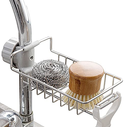 MobFest® Stainless Steel Adjusting Multifunctional Over Kitchen Sink Caddy Clamp Faucet Sponge Scrubber Holder Storage Hanging Shelf Draining Bathroom Tap Shampoo Soap Organizer Rack, Pack of 1 - Image 1