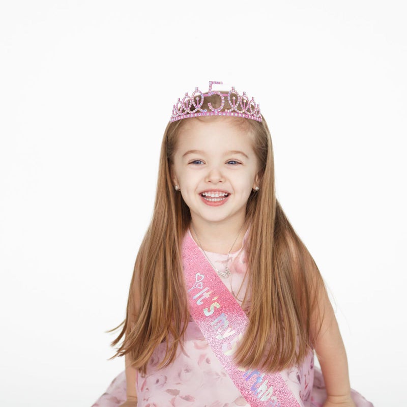 Canitor 5th Birthday Decorations for Girl Birthday Girl Crown Tiara & Glitter Sash Set for 5 Year Old Girl Gift Idea Princess Her Royal Fiveness 5th Headband Hat - Image 4