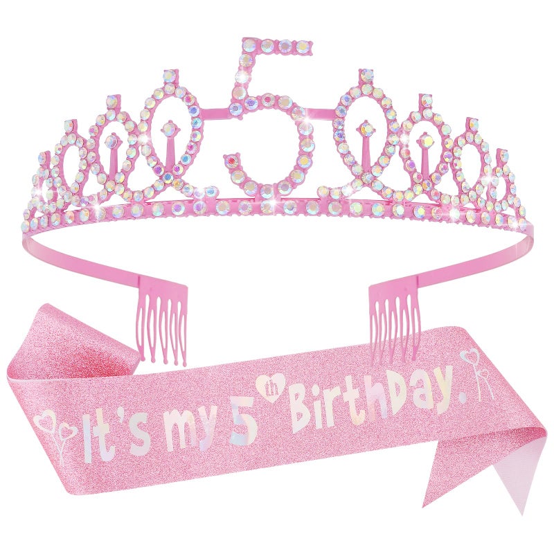 Canitor 5th Birthday Decorations for Girl Birthday Girl Crown Tiara & Glitter Sash Set for 5 Year Old Girl Gift Idea Princess Her Royal Fiveness 5th Headband Hat - Image 1