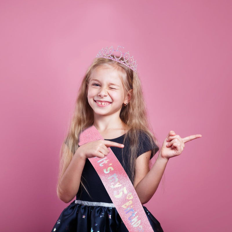 Canitor 5th Birthday Decorations for Girl Birthday Girl Crown Tiara & Glitter Sash Set for 5 Year Old Girl Gift Idea Princess Her Royal Fiveness 5th Headband Hat - Image 2