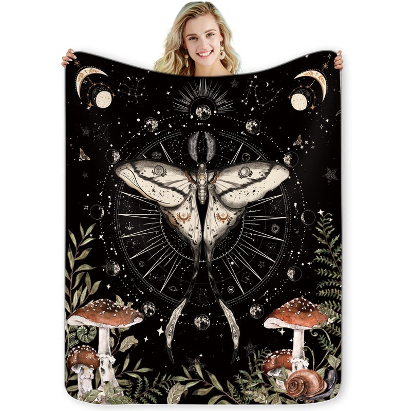 Miyotaa Moth Mushroom Gothic Flannel Blanket 50Wx60H Inch Gift Witchy Mysterious Moon Phase Goth Night Soft Warm Fuzzy Throw Blanket for Couch Sofa Office Bed Travelling Bed Throws Birthday Presents
