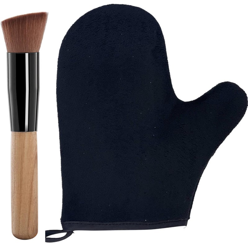 2 Piece Self Tanning Mitt Applicator Set 1 Self Tanning Glove and 1 Self Tanner Brush Tan Mitt for Self Tan Sunless Tan Black