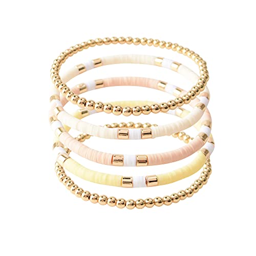 GOOJIDS Surfer Heishi Clay Bead Bracelets for Women Bohemian Stackable Gold Plated Beaded Stretch Bracelets Elastic Layering Friendship Bracelets Set Boho Jewelry - Image 1