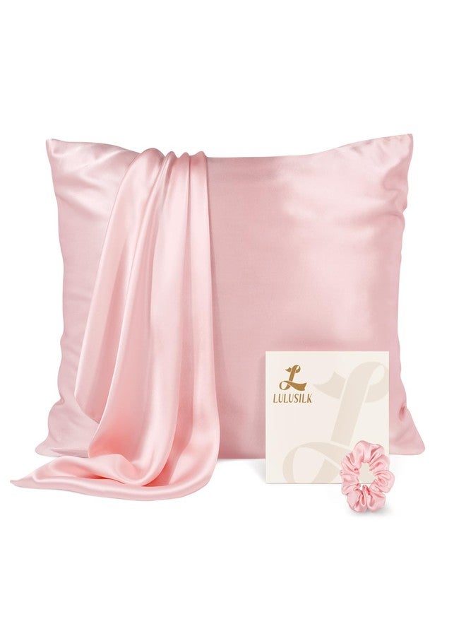 LULUSILK Mulberry Silk Pillow Cases for Hair and Skin, Real Silk Pillowcasewith Silk Scrunchies, Hidden Zipper, Pink, Queen Size, Pack of 1 - Image 1