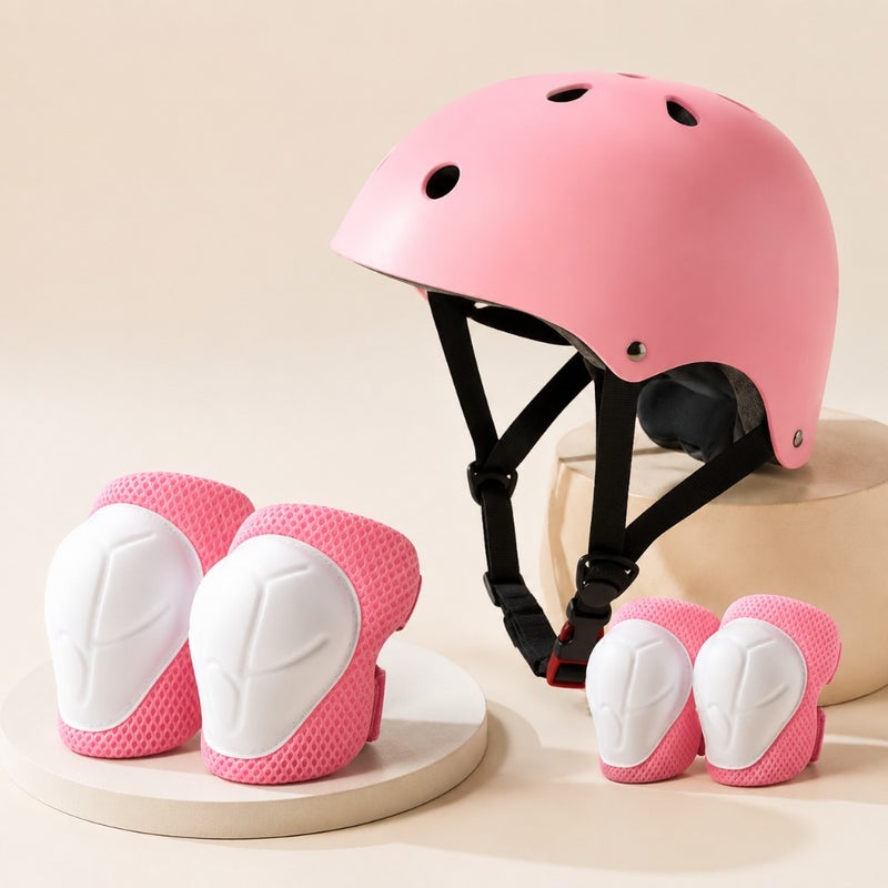 Bicycle helmet set for kids aged 314 years: lightweight EPS foam helmet with adjustable fit, knee/elbow/wrist pads in vibrant blue and pinkideal for biking, roller skating, and skateboarding safety. - Image 1