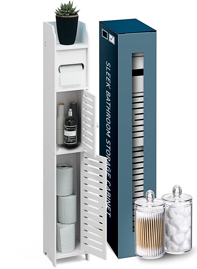 StorageBud Bathroom Storage Organizer - Floor Standing with Shelves - Includes 2 Apothecary Jars - Tall Bathroom Storage Cabinet for Toilet Paper, Towel & Other Bathroom Storage Accessories - White - Image 1