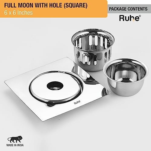 Ruhe® Full Moon Square Flat Cut Floor Drain| 6 x 6 Inches 304-Grade Stainless Steel Floor Trap| Drain Jali with Cocroach Trap & Hole - Image 5