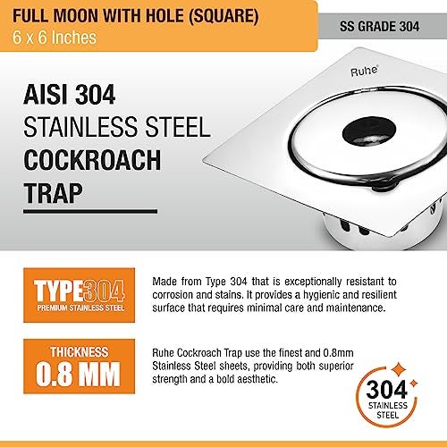 Ruhe® Full Moon Square Flat Cut Floor Drain| 6 x 6 Inches 304-Grade Stainless Steel Floor Trap| Drain Jali with Cocroach Trap & Hole - Image 4