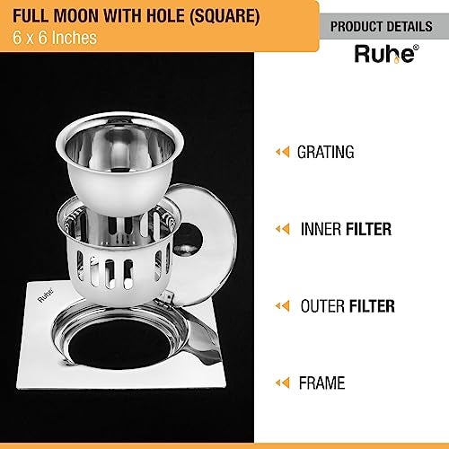 Ruhe® Full Moon Square Flat Cut Floor Drain| 6 x 6 Inches 304-Grade Stainless Steel Floor Trap| Drain Jali with Cocroach Trap & Hole - Image 3