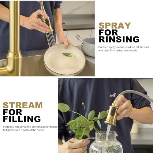 Lava Odoro Curtura Brushed Gold Kitchen Faucet with Pull Down Sprayer, Brass Kitchen Sink Faucet, Single Hole Kitchen Faucet with 3-Function Sprayer, Deck Plate Included, Spot-Free, 1.8GPM, KF421-SG - Image 3