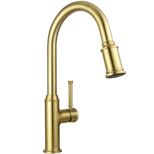 Lava Odoro Curtura Brushed Gold Kitchen Faucet with Pull Down Sprayer, Brass Kitchen Sink Faucet, Single Hole Kitchen Faucet with 3-Function Sprayer, Deck Plate Included, Spot-Free, 1.8GPM, KF421-SG - Image 1