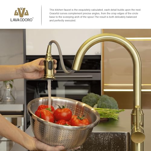 Lava Odoro Curtura Brushed Gold Kitchen Faucet with Pull Down Sprayer, Brass Kitchen Sink Faucet, Single Hole Kitchen Faucet with 3-Function Sprayer, Deck Plate Included, Spot-Free, 1.8GPM, KF421-SG - Image 2