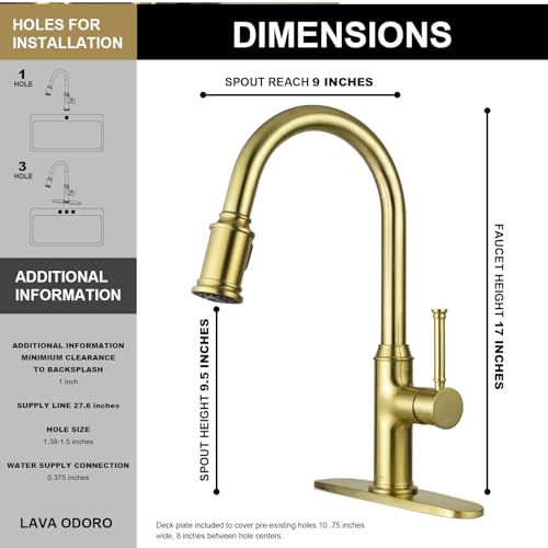 Lava Odoro Curtura Brushed Gold Kitchen Faucet with Pull Down Sprayer, Brass Kitchen Sink Faucet, Single Hole Kitchen Faucet with 3-Function Sprayer, Deck Plate Included, Spot-Free, 1.8GPM, KF421-SG - Image 4