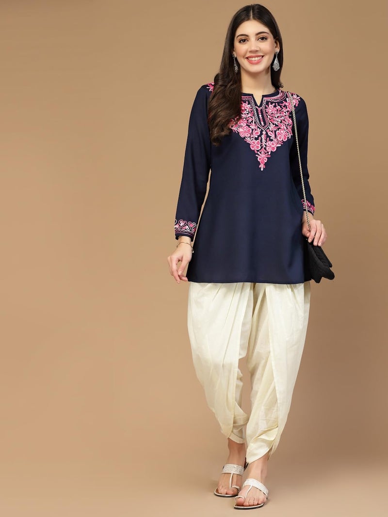 QAZMI Cotton Women's Naila Kashmiri Regular Fit A-Line Short Kurti_L Navy Blue - Image 2
