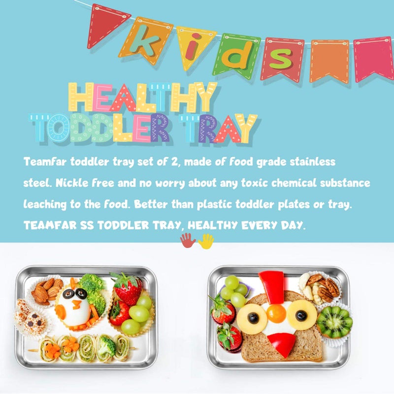 TeamFar Kids Plates, 7.3"Ã—5.3"Ã—0.8", Stainless Steel Plates for Kids Metal Toddler Plate Tray Set for Lunch Dinner Camping, Healthy & Non Toxic, Dishwasher Safe & Oven Safe, Stackable - 2 Pieces - Image 4
