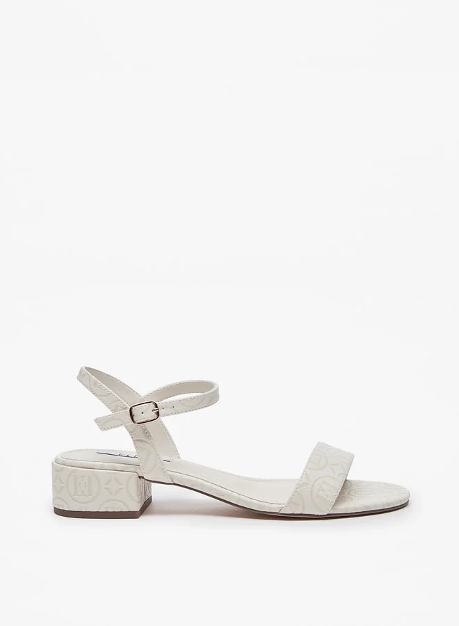 ايل Womens Logo Embossed Block Heeled Sandals With Buckle Closure