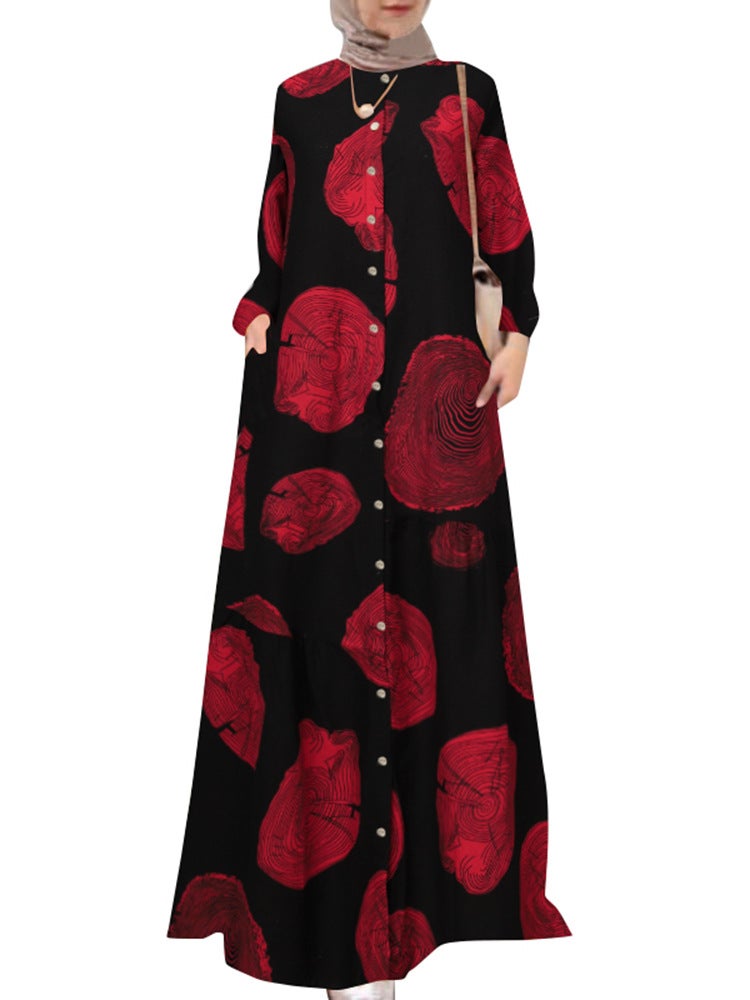 Spot cross-border foreign trade Womens cotton and linen printed shirt robe dress round neck vintage long sleeve large size dress Mangrove pattern - Image 1