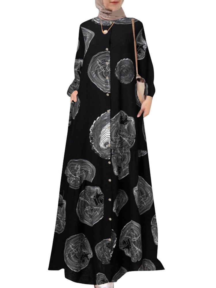 Spot cross-border foreign trade Womens cotton and linen printed shirt robe dress round neck vintage long sleeve large size dress Mangrove pattern - Image 3