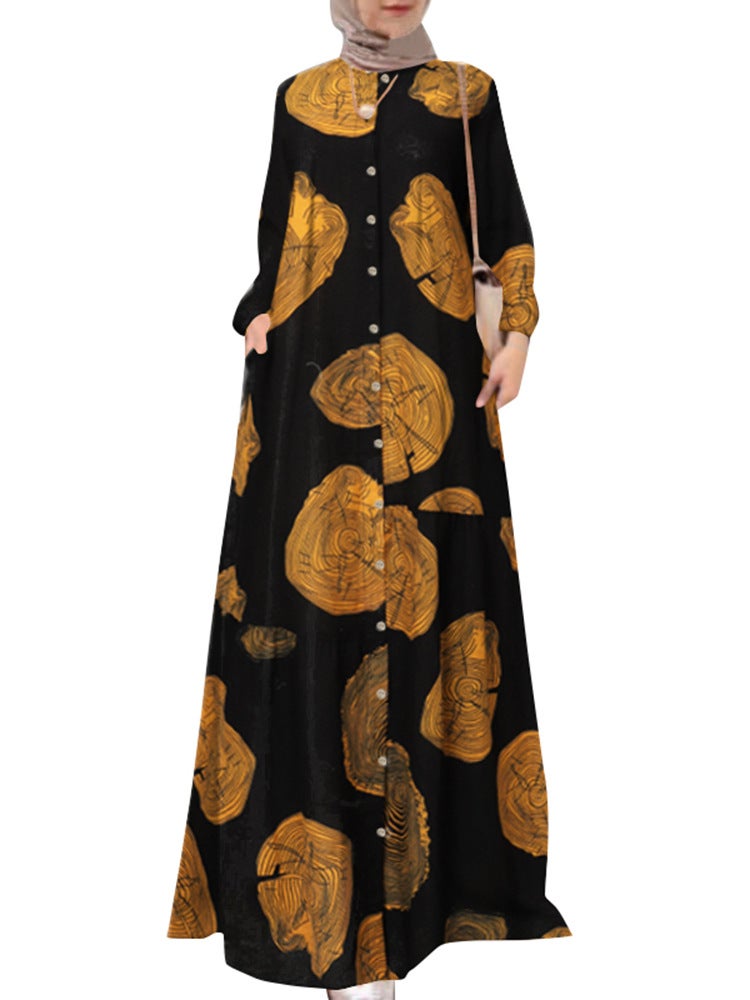 Spot cross-border foreign trade Womens cotton and linen printed shirt robe dress round neck vintage long sleeve large size dress Mangrove pattern - Image 2
