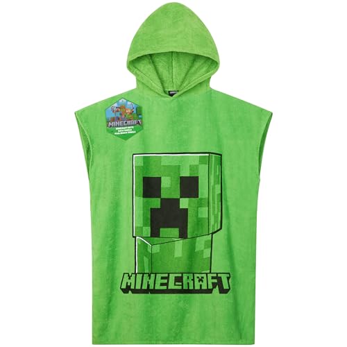 Minecraft Towelling Poncho Kids Teens Hooded Bath Towels Absorbent Beach Towel (Green, 10-13 Years) - Image 1
