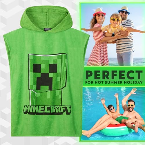Minecraft Towelling Poncho Kids Teens Hooded Bath Towels Absorbent Beach Towel (Green, 10-13 Years) - Image 2