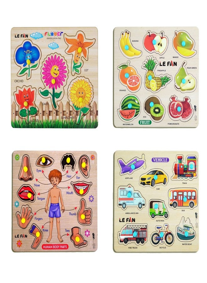 Lefan® Kids Fort Pre Nursery Educational Jigsaw Puzzles for Adults Kids Learning Toys Kit Board Game 4 pcs Set of Flower Fruits Human Body Parts & Vehicle Educational Toy - Image 1