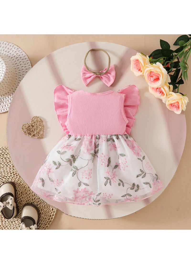 18-24M 2-Piece Toddler Baby Girl Dress with Matching Headband, Pink Bow Dress and Floral Tulle Skirt, Perfect for Birthday, Photoshoots, Summer Parties, Weddings, and Casual Outings  - Image 2
