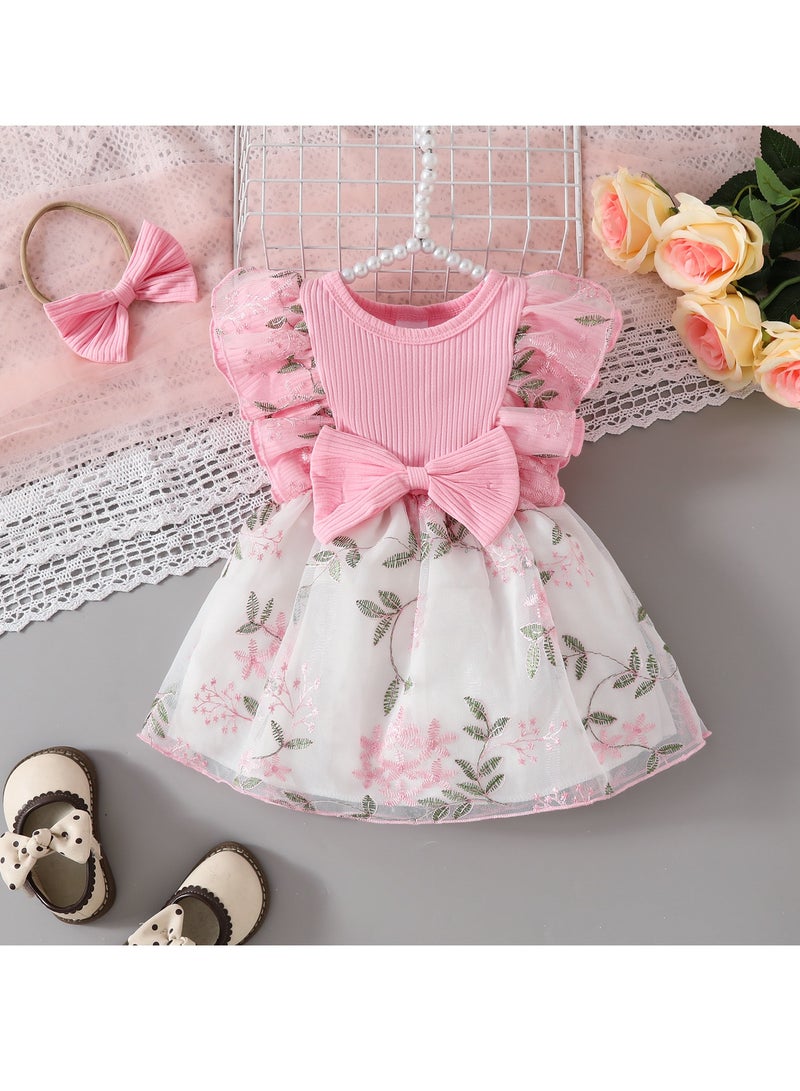 18-24M 2-Piece Toddler Baby Girl Dress with Matching Headband, Pink Bow Dress and Floral Tulle Skirt, Perfect for Birthday, Photoshoots, Summer Parties, Weddings, and Casual Outings  - Image 1