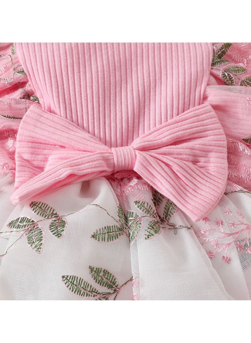 18-24M 2-Piece Toddler Baby Girl Dress with Matching Headband, Pink Bow Dress and Floral Tulle Skirt, Perfect for Birthday, Photoshoots, Summer Parties, Weddings, and Casual Outings  - Image 4
