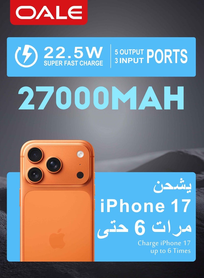 OALE iPower P30000 Power Bank with 2 cables – 22.5W Fast Charging, 4 USB &1 Type-C PD Ports, 2 Built-in Cables(Lightning&Type-C)LED Light, Portable Charger for Camping & Multi-Device Use | Black - Image 4