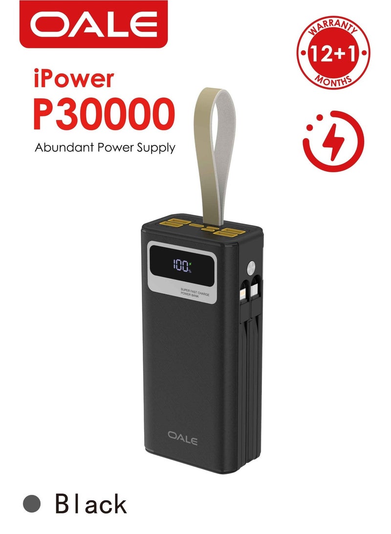 OALE iPower P30000 Power Bank with 2 cables – 22.5W Fast Charging, 4 USB &1 Type-C PD Ports, 2 Built-in Cables(Lightning&Type-C)LED Light, Portable Charger for Camping & Multi-Device Use | Black - Image 1