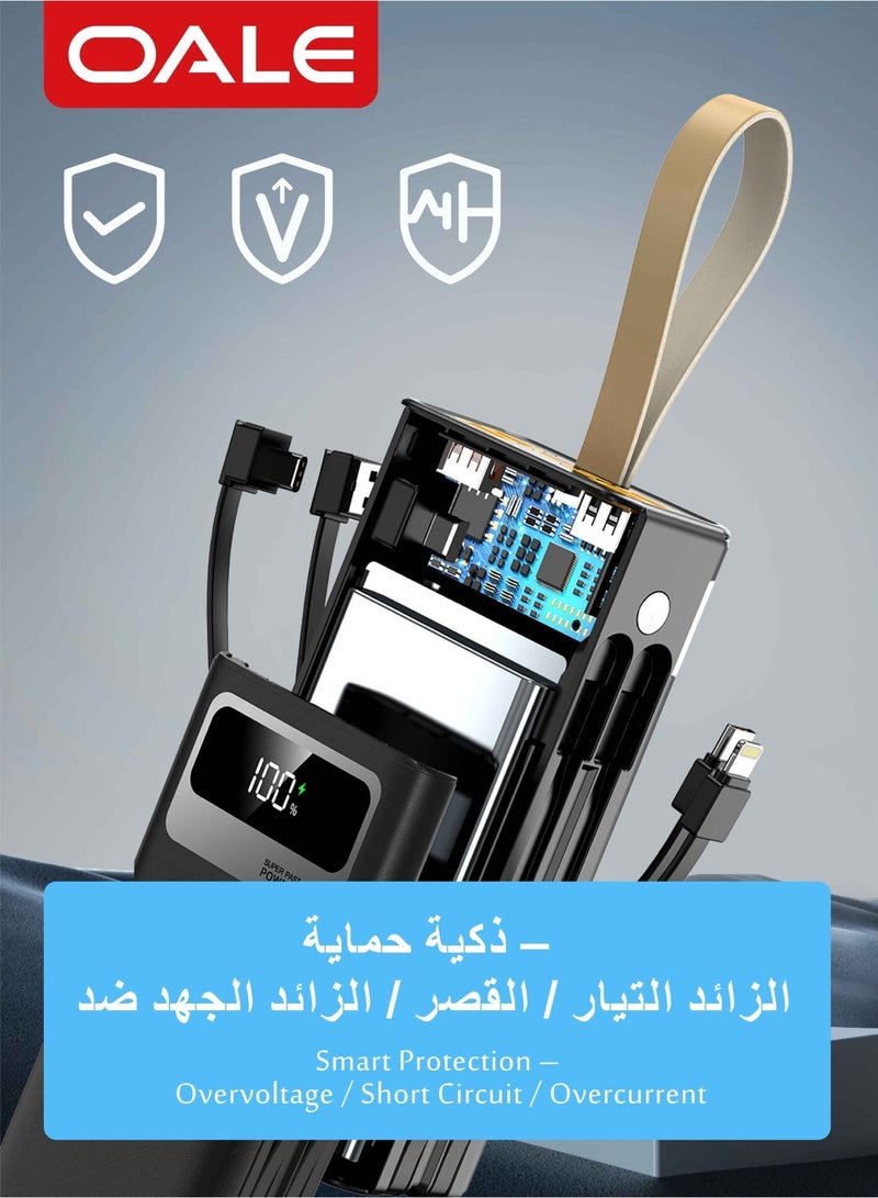 OALE iPower P30000 Power Bank with 2 cables – 22.5W Fast Charging, 4 USB &1 Type-C PD Ports, 2 Built-in Cables(Lightning&Type-C)LED Light, Portable Charger for Camping & Multi-Device Use | Black - Image 5