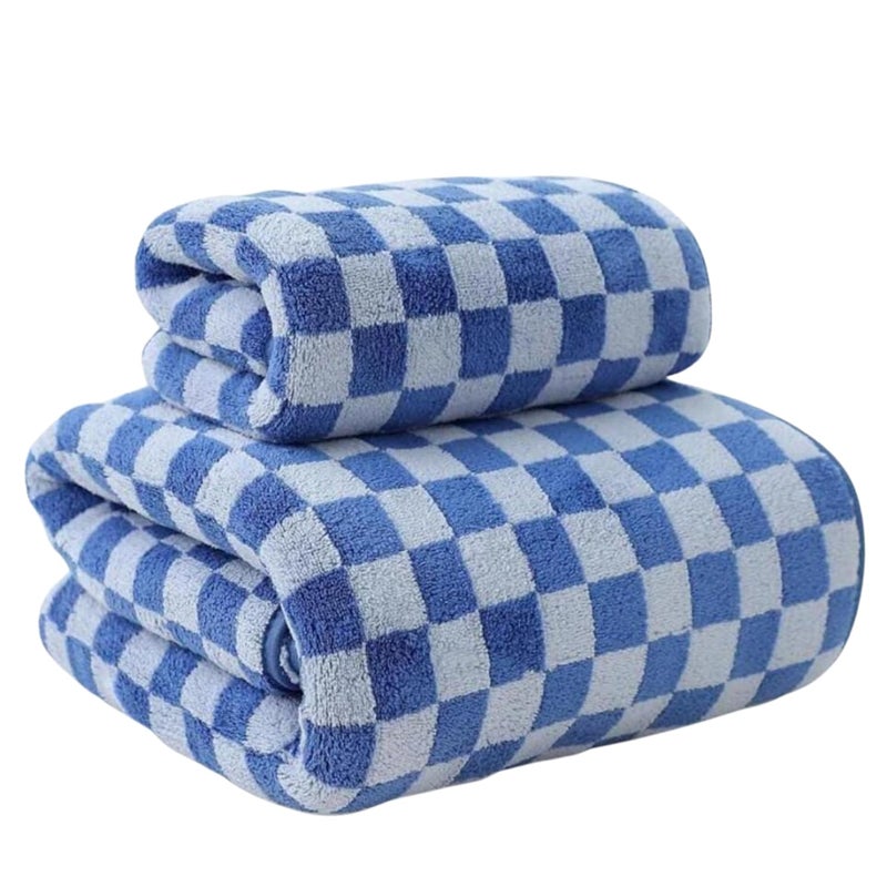 MAXOSHINE Microfiber Towels for BathCheckered Bath Towel for MenWomenSoft Coral Fleece Towel with Hook Quick Dry Super Absorbent70 X 140 Cm Dark Blue1 Bath Towel 1 Hand Towel Combo500 TC - Image 1