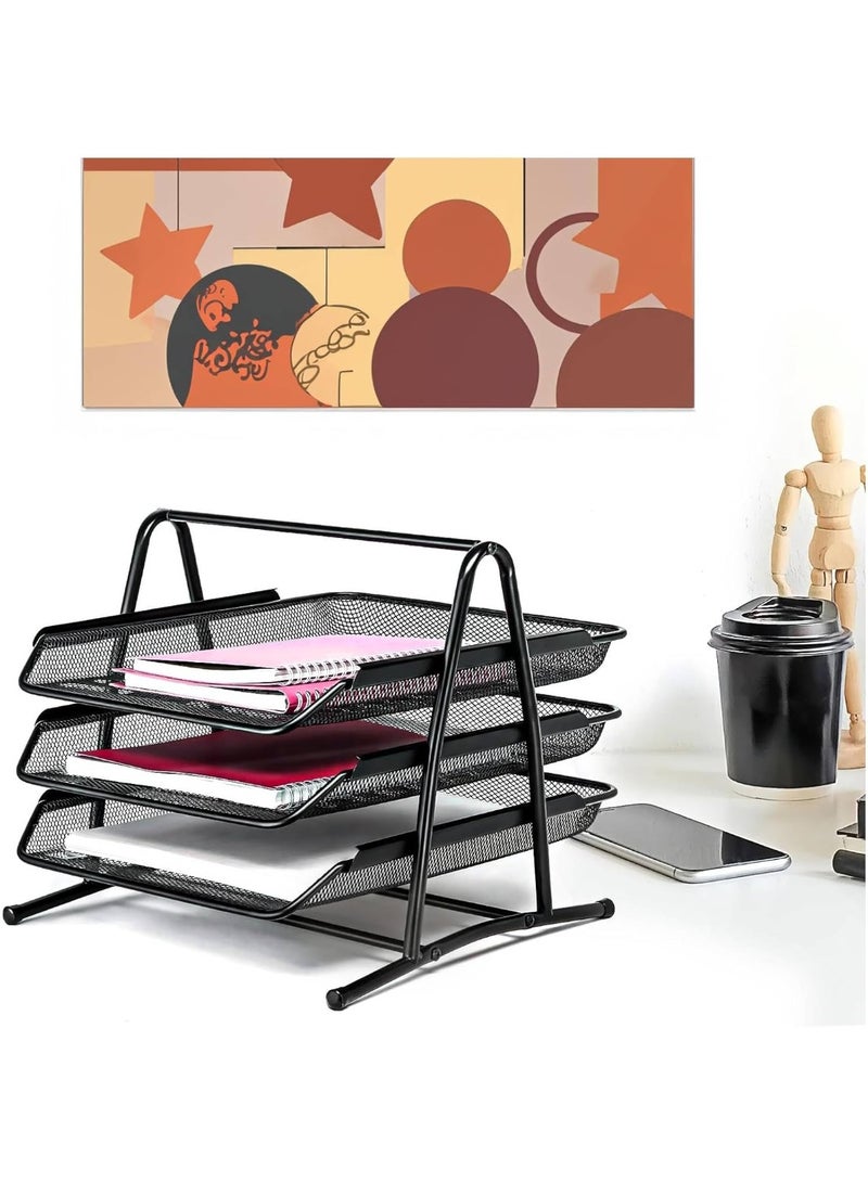 أتش أف صينية ورق ثلاثية الطبقات، منظم سطح المكتب، منظم مكتب معدني ثلاثي الطبقات بحجم A4، تخزين ملفات ورقية، مساحة عمل، مكتب، أسود - Image 2