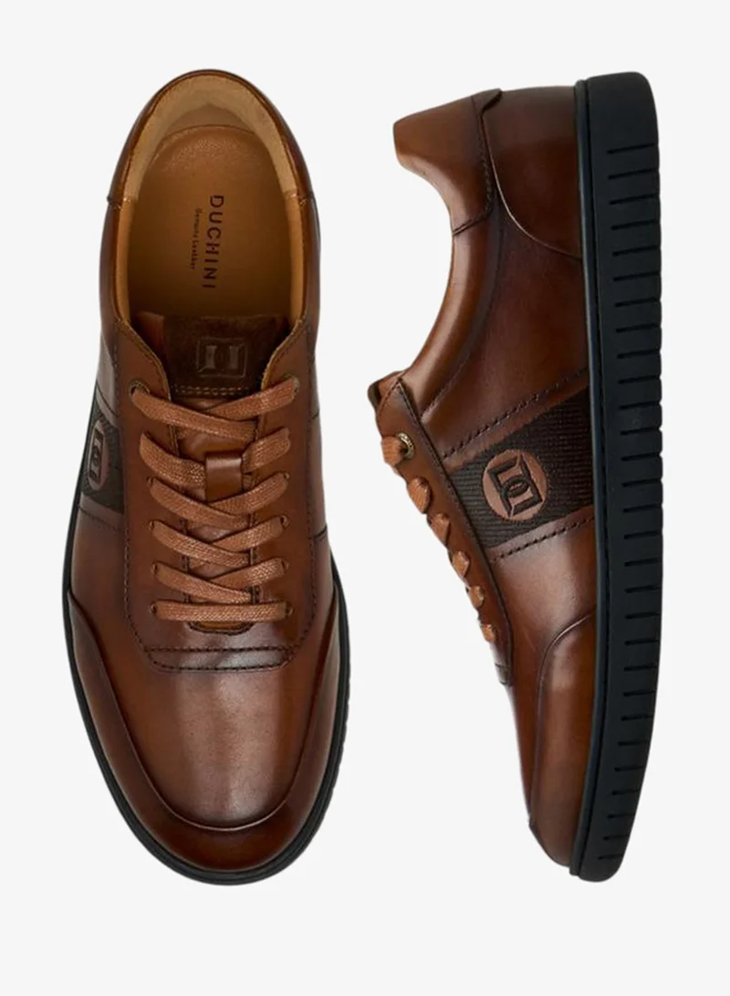 DUCHINI TAN Men'S Leather Logo Embroidered Lace-Up Sneakers for Men | Best Price UAE